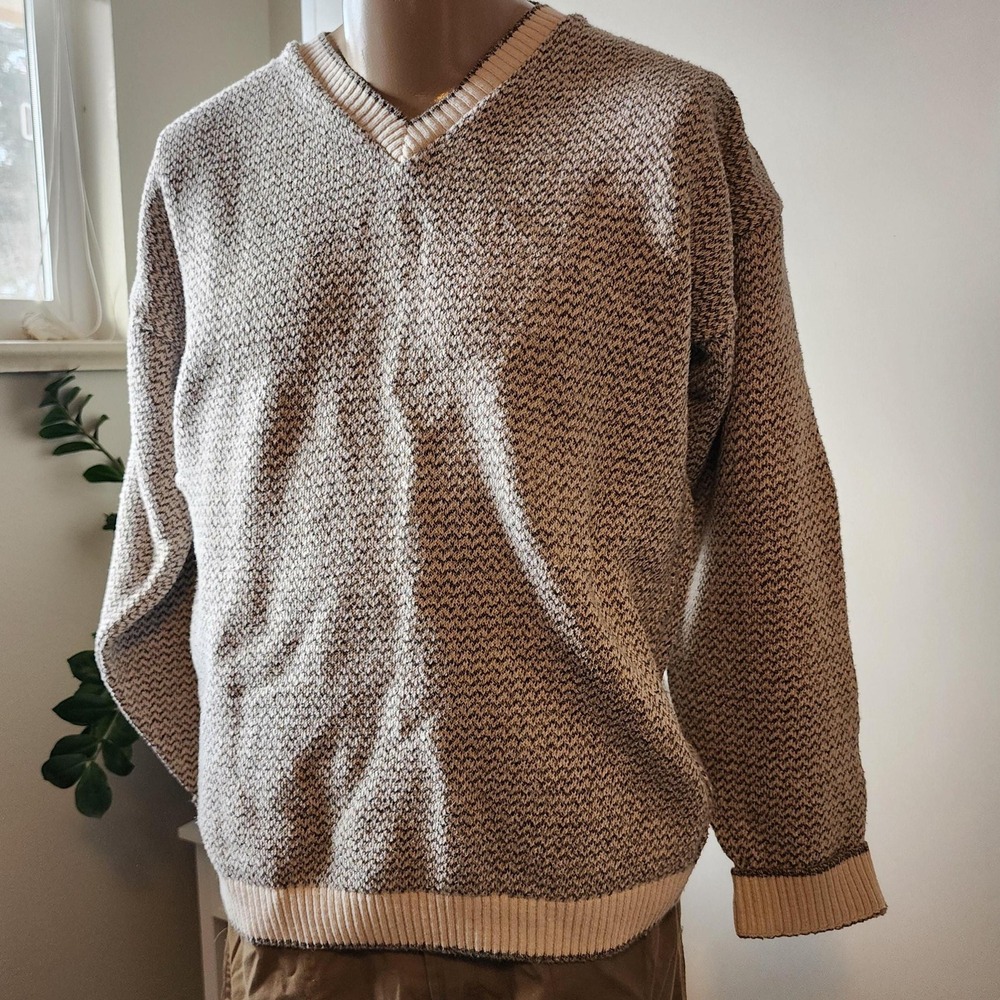 Liberty Sweaters Vintage Mens Large V-Neck Beige Gray Zigzag Made in USA Unisex